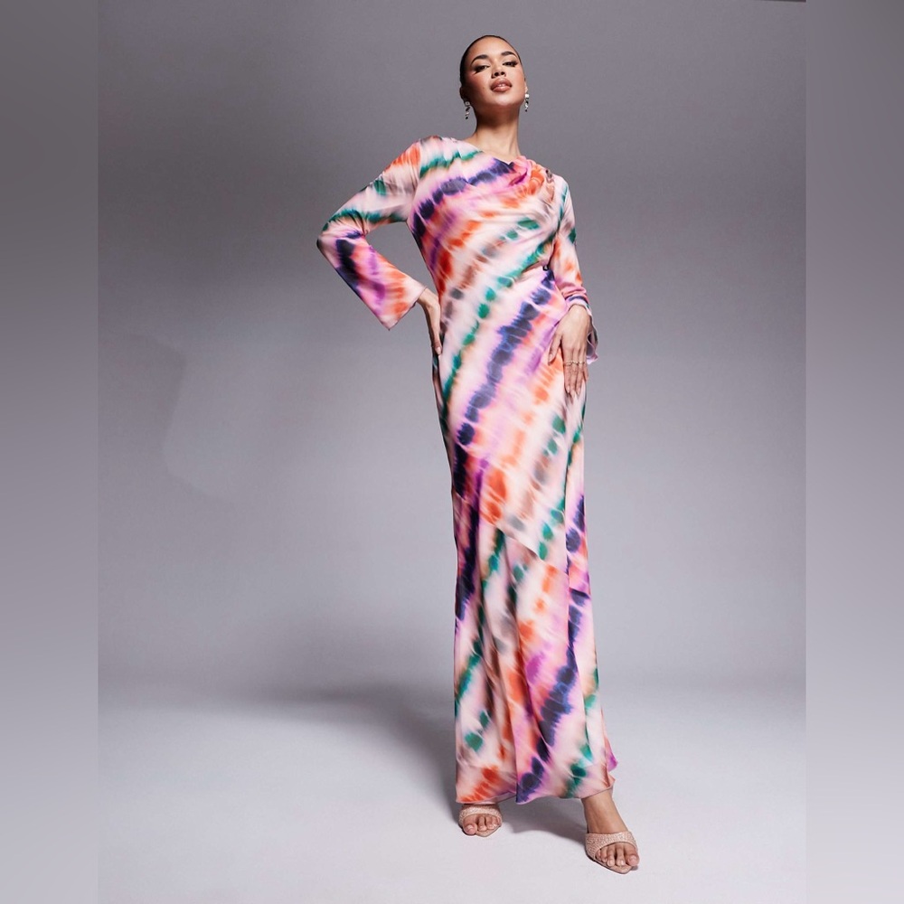 Daska cowl neck chiffon maxi dress in pink abstract stripe Size 4= Small
